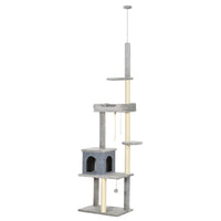 PawHut 85" - 101" Floor-To-Ceiling Cat Tree Tower Activity Center - Grey-Reaches a huge 8.5 feet in height and adjusts to offer options 