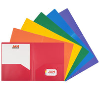 JAM Paper Heavy Duty Plastic 2 Pocket School Folder - Assorted Primary Colours - 12 Pack-Colours: Red, Blue, Green, Yellow, Orange, Purple