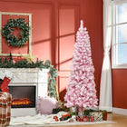 HOMCOM 6' Snow-Flocked Pencil Artificial Christmas Tree with Steel Base - Pink-Artificial snow sprayed for a wintry look 