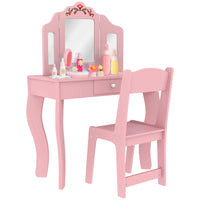 Qaba Kids Vanity and Dressing Table with Tri-Folding Mirror and Chair - Pink-Two-piece set includes a vanity table and a matching chair 