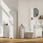 HOMCOM Tall Slim Bathroom Storage Cabinet with Doors - White Wood Grain-Gold-tone knobs and curved base detail enhance visual appeal