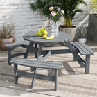Outsunny Picnic Table Bench Set with Umbrella Hole for 6 People - Grey-Slatted design allows rainwater to drain quickly, easy to maintain