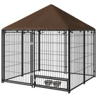 PawHut Outdoor Dog Kennel with Canopy and Rotating Bowls - 4.6' x 4.6' x 5' - Coffee-Roofing offers comfort in heat and protection in rain 