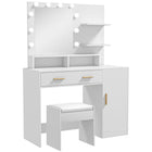 HOMCOM Vanity Desk with Mirror and Lights - 40.9" L x 15.7" W x 55.1" H - White-Mirrored dressing table and stool perfect for personal grooming spaces 