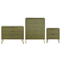 Manhattan Comfort DUMBO Modern Nightstand, Dresser Set and 5-Drawer Tall Dresser Set - Olive Green-Modern-Contemporary with a taste of Glam Bedroom Dresser Set. Includes 1 Standard Dresser, 1 Tall Dresser, and 1 Nightstand 2.0.