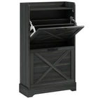 HOMCOM Farmhouse Slim Shoe Cabinet with 2 Flip Drawers & Adjustable Shelves - Distressed Grey-Distressed wood effect and X-brace barn panels add farmhouse style