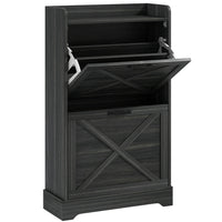 HOMCOM Farmhouse Slim Shoe Cabinet with 2 Flip Drawers & Adjustable Shelves - Distressed Grey-Distressed wood effect and X-brace barn panels add farmhouse style