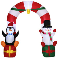 Outsunny 9' Lit Inflatable Candy Archway with Snowman Christmas Decoration-Christmas candy cane arch with a penguin and snowman sitting on top of gift boxes provide a cohesive holiday display 
