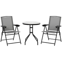 Outsunny Folding Patio Bistro Set with Reclining Chairs and Round Table - Grey-Foldable chairs with adjustable backrest, sling fabric seat and curved armrests for optimal comfort 