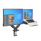 ShoppingAll Dual VESA Monitor and Laptop Mount with Fully Adjustable Gas Spring Arm and Office Desk Clamp - Black-2-in-1 Compatibility: Supports 13"–32" monitors weighing 4.4–19.8 lb with VESA 75x75mm and 100x100mm mounting patterns and up to 18" laptops, perfect for ergonomic work setups. The mount can be converted from a dual monitor arm to a monitor and laptop mount. (Laptop Tray Included)