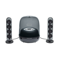 Harman Kardon  SoundSticks 4 - Black-Harman Kardon SoundSticks 4 make a statement in any contemporary home. The groundbreaking transparent dome design and sleek silhouette blend in seamlessly with your decor. The two satellite speakers and subwoofer cover look stunning with an inner rippled surface design reacting the beauty of music.