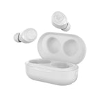 JLab JBuds Air-True Wireless Earbuds and Charging Case - White-Class-1 Bluetooth-5 Connection: 3-4 hours in each earbud,  10 extra hours of charge in the case - That's about 14 hours.