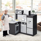 Qaba Kids Kitchen Playset with Microwave Fridge - Dark Brown-Simple, stylish design fits most playroom spaces 