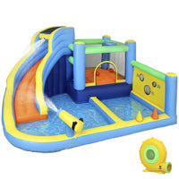 Qaba Inflatable 8-in-1 Bouncy Castle for Kids, with Slide, Splash Pool, Climbing Wall, Balls, Blower-Kids can jump, slide, climb, and splash for hours of endless fun
