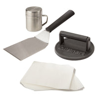 Cuisinart Smashed Burger Kit-CAST IRON PRESS - Heavy-weight to help smash the patty down to a 6” flat patty shape. The 1cm raised edge locks in the juices and fats while pressing down on the patty