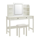 Modway Emmeline Scalloped Makeup Vanity Desk With LED Mirror and Stool - White/Ivory-Scalloped Edge Makeup Vanity Desk