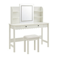 Modway Emmeline Scalloped Makeup Vanity Desk With LED Mirror and Stool - White/Ivory-Scalloped Edge Makeup Vanity Desk