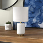 Hudson&Canal Lambert 15" Tall Ceramic Table Lamp with Fabric Shade - Matte White/Brass/White-Handcrafted matte white finish is applied to the round ceramic and metal base