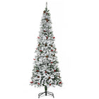 HOMCOM 7.5' Snow-Flocked Pencil Artificial Christmas Tree with Auto Open - Green-Lush pine tree shape with pine cones and red berries for a healthy, natural look 