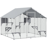 PawHut 77" H Extra Large Catio Outdoor Cat Enclosure with Waterproof Cover - Silver-Spacious 49 sq. ft (4.56 ㎡) area comfortably fits five cats and a reclining chair 