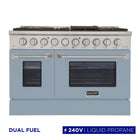 Kucht 48" KDF Series Pro Style Propane Ready Dual Fuel Range - Stainless Steel/Light Blue-Professional class range features 2-20000 BTU dual burners with simmer, 2-12000 BTU burners, 2-9000 BTU burners and 2-6000 BTU burners