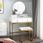 HOMCOM Makeup Vanity Desk with Round Mirror - 31.5" L x 15.7" W x 52" H - White-The seat is padded with a soft cushion for comfortable sitting 