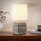 Hudson&Canal Pacha 16" Tall Stone Table Lamp with Fabric Shade - Grey Veined Travertine-Clean with a soft, dry cloth and no harsh chemicals or abrasive cleaning materials
