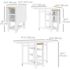 HOMCOM Drop Leaf Folding Dining Table with Storage Shelves for 4-6 - White-Alloy hinges and 2 rolling castors ensure stable support and smooth operation