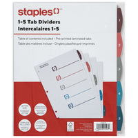 Staples Pre-Printed Index Dividers - 1-5 - Fashion Colours-Tab dividers are numbered 1 through 5 to keep documents organized