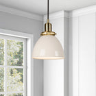 Hudson&Canal Madison 8" Wide Pendant with Metal Shade - Pearled White/Brass/Pearled White-Clean with a soft, dry cloth and no harsh chemicals or abrasive cleaning materials