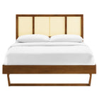 Modway Kelsea Cane and Wood Full Platform Bed with Angular Legs - Walnut-Weight Capacity: 600 lb