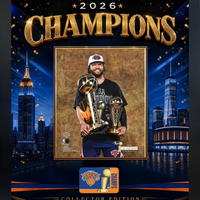 Frameworth New York Knicks 2026 Champions: Jalen Brunson Trophies PhotoGlass Framed Photo - 18" W x 22" H - Gold-Framed photoglass display: Jalen Brunson PhotoGlass Frame New York Knicks 2026 Championship and MVP Trophies Gold Celebration Design for New York Knicks fans and collectors