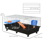 PawHut 47" L Rolling Small Animal Cage with Food Dish, Water Bottle, Hay Feeder and Platform - Black-With large front door and top door for easy access to the inside of the small animal enclosure 