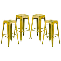 Flash Furniture Commercial Grade 30" High Backless Distressed Metal Indoor-Outdoor Barstool - Yellow-Set of 4 Stackable Industrial Style Modern Stools