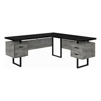 Monarch Specialties 7617 70" Computer Desk - Black/ Concrete/ Black Metal/L/R-L-shaped computer desk with 3 storage drawers featuring thick-panel construction and 3 sturdy metal legs in a black finish