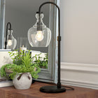 Hudson&Canal Verona 27" Tall Arc Table Lamp with Glass Shade - Blackened Bronze/Clear-Rated for one 60W incandescent bulb - 9W LED bulb, 13W fluorescent (CFL) bulb, or 9W self-ballasted LED bulb, E26-base bulb, Bulb not included