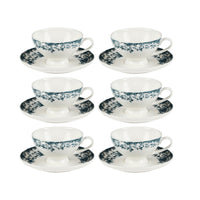 Casa Domani Rosetta Antique Teacup & Saucer - 200ml - Blue - 6 Pack-Made of Porcelain with decals to enhance intricate detailing.