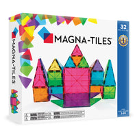 MAGNA-TILES Classic 32-Piece Magnetic Construction Set-What’s Included:  32 magnetic pieces in 6 Classic colours. This set includes 14 Squares, 2 Large Squares and 16 Triangles (8 Equilateral, 4 Right, 4 Isosceles)