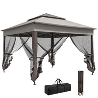 Outsunny 11 ft W x 11 ft L Pop Up Canopy 2-Tier Soft Top Gazebo with Mesh Netting - Mixed Grey-PA coated canopy with 8 drainage eye holes