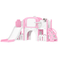 Qaba 7 in 1 Kids Slide with Climber, Basketball Hoop, Telescope, Drawing Board - Pink-7 in 1 kids slide set, providing lots of indoor play options 