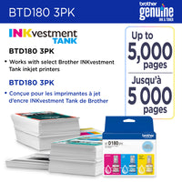 Brother Genuine BTD180 3-Piece Ink Cartridge Set - High Yield - Cyan - Magenta - Yellow-High yield ink bottle 3-pack: One each of cyan, magenta, and yellow, each bottle prints up to 5000 pages