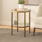 Hudson&Canal Hera 20"W Round Side Table with Glass Shelf - Antique Brass-Handcrafted finish is applied to the steel frame