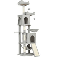PawHut 70" Multi-Level Cat Tree Tower with 2 Condos - Light Grey-This 69.7" (177 cm) tower has condos, perches, and a hammock for endless fun 