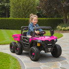Qaba 24V 4WD Kids Ride On Truck with 6 Wheels, 2 Seater and Dump Bed - Pink-Six-wheel UTV with suspension conquers grass and dirt for thrilling off-road adventures 