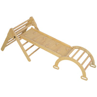 Qaba 5 in 1 Pikler Triangle Set with Ladder, Ramp, Arch - Nature Wood-5 in 1 design includes a triangle climber, an arch rocking chair, a slide board with climbing stones 