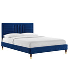 Modway Sofia Channel Tufted Performance Velvet Queen Platform Bed with Wood Legs and Gold Metal Sleeves - Navy-Stain-Resistant Performance Velvet