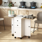 HOMCOM Rolling Drop Leaf Folding Dining Table with Drawers & Storage Cabinet for 4-6 - White and Oak-Two sideboards lift to accommodate up to six people