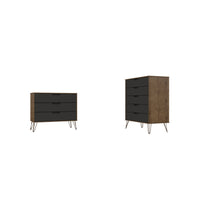 Manhattan Comfort Rockefeller Mid-Century Modern Bedroom Dresser 2-Piece Set - Nature/Textured Grey-Mid-Century Modern Tall 5-Drawer Dresser and Standard 3-Drawer Dresser for Bedroom Use.