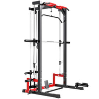 Soozier Power Cage Smith Machine-All-in-one workout machine: a pull-up stand, barbell rack, landmine, lat pull-down, and low-row bar