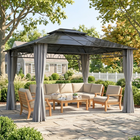 Outsunny 10 ft W x 12 ft L Double Roof Hardtop Gazebo with Nettings Curtains - Grey-Translucent polycarbonate hardtop lets in a bit of sunlight while providing shade